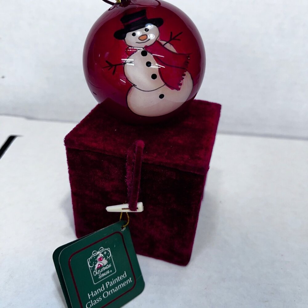 Hand Painted Glass Snowman Ornament With Red Velvet Box